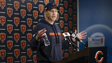 May 9, 2025; Lake Forest, IL, USA; Chicago Bears head coach Ben Johnson (R) speaks during the Rookie Minicamp at Halas Hall. Mandatory Credit: Kamil Krzaczynski-Imagn Images