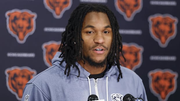Chicago Bears wide receiver Luther Burden III speaks during the Rookie Minicamp