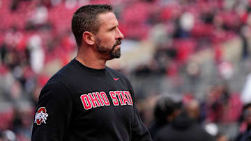 Ohio State Buckeyes offensive coordinator Brian Hartline leads warm-ups prior to the NCAA football game against the Penn State Nittany Lions at Ohio Stadium in Columbus on Nov. 1, 2025.