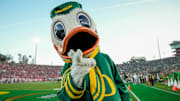 The Oregon Ducks mascot walks the sideline during the College Football Playoff quarterfinal against the Ohio State Buckeyes at the Rose Bowl in Pasadena, Calif. on Jan. 1, 2025. Ohio State won 41-21.