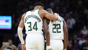 Mar 13, 2023; Sacramento, California, USA; Milwaukee Bucks power forward Giannis Antetokounmpo (34) puts his arm around small forward Khris Middleton (22) during the third quarter against the Sacramento Kings at Golden 1 Center. Mandatory Credit: Kelley L Cox-Imagn Images