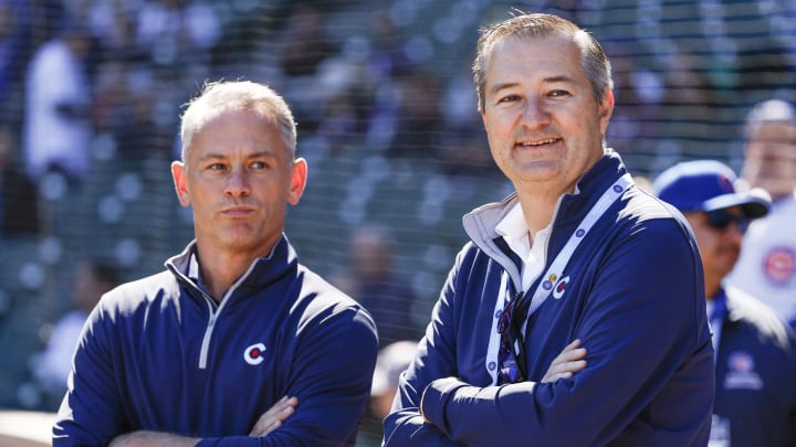 Oct 1, 2022; Chicago, Illinois, USA; Chicago Cubs Chairman Tom Ricketts (R) smiles next to Chicago Cubs President of baseball operations Jed Hoyer (L) before a baseball game between the Chicago Cubs and Cincinnati Reds at Wrigley Field