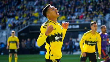 Columbus Crew defender Andres Herrera (2) reacts after missing a shot in the first half at Lower.com Field on Saturday, March 8, 2025 in Columbus, Ohio.