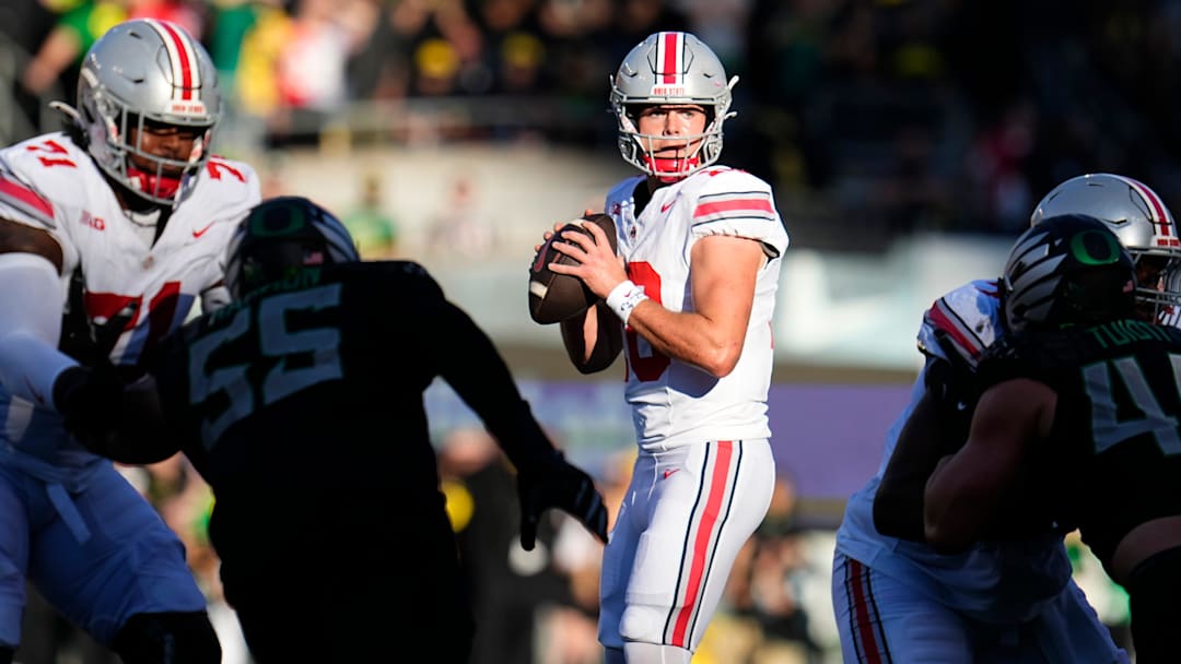 Oct 12, 2024; Eugene, Oregon, USA; Ohio State Buckeyes quarterback Will Howard (18) looks to throw during the first half of the NCAA football game against the Oregon Ducks at Autzen Stadium