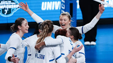 Kentucky's Erin Lamb (13) celebrated a point against Cleveland State with teammates during the NCAA Women's Volleyball Tournament at Memorial Coliseum in Lexington, Ky. on Dec. 5, 2024.