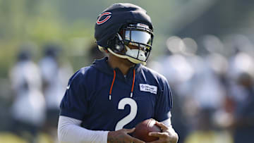 Chicago Bears wide receiver DJ Moore (2) runs with the ball during training camp at Halas Hall