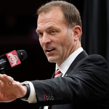 Mar 18, 2024; Columbus, OH, USA; Ohio State   s incoming athletic director Ross Bjork speaks during the introductory press conference for basketball head coach Jake Diebler at Value City Arena.