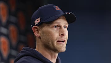 May 9, 2025; Lake Forest, IL, USA; Chicago Bears head coach Ben Johnson (R) speaks during the Rookie Minicamp at Halas Hall. Mandatory Credit: Kamil Krzaczynski-Imagn Images