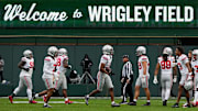 Ohio State Buckeyes cornerback Davison Igbinosun (1) celebrates a fumble recovery during the first half of the NCAA football game against the Northwestern Wildcats at Wrigley Field in Chicago on Saturday, Nov. 16, 2024.