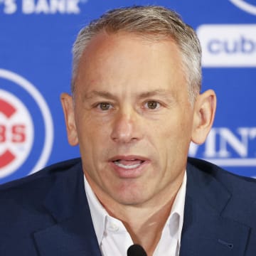 Nov 13, 2023; Chicago, Illinois, USA; Chicago Cubs president of baseball operations Jed Hoyer speaks before introducing Craig Counsell as new Cubs manager during a press conference in Chicago.