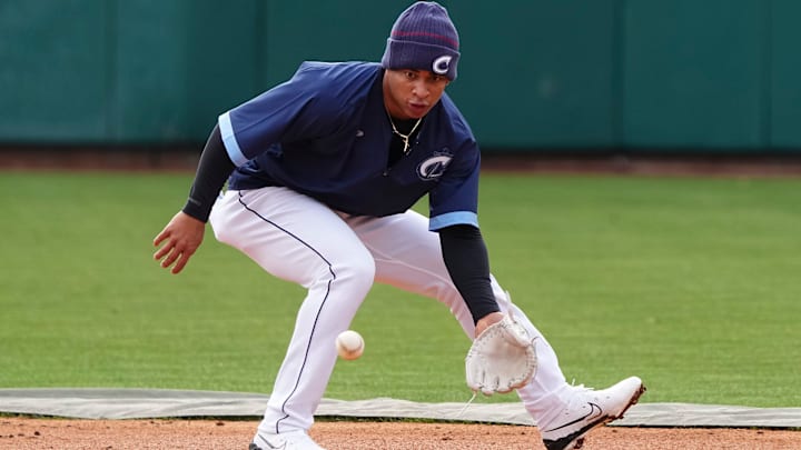 Mar 27, 2024; Columbus, Ohio, USA; Infielder Juan Brito fields a ball at second base during Columbus Clippers practice at Huntington Park. Mar 27, 2024; Columbus, Ohio, USA; Infielder Juan Brito fields a ball at second base during Columbus Clippers practice at Huntington Park.