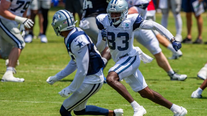 Jul 31, 2023; Oxnard, CA, USA; Dallas Cowboys wide receiver Jalen Brooks (83) runs a route during training camp at the Marriott Residence Inn-River Ridge playing fields. 