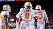 Tennessee Volunteers quarterback Nico Iamaleava (8) celebrates a touchdown during the first half of the College Football Playoff first round game against the Ohio State Buckeyes at Ohio Stadium in Columbus on Dec. 21, 2024.