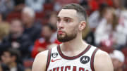 Jan 13, 2023; Chicago, Illinois, USA; Chicago Bulls guard Zach LaVine (8) sits on the bench during the fourth quarter against the Oklahoma City Thunder at United Center. 