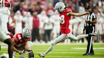 Ohio State Buckeyes kicker Jayden Fielding (38) kicks a field goal during the Big Ten Conference championship game against the Indiana Hoosiers at Lucas Oil Stadium in Indianapolis on Dec. 6, 2025. Ohio State lost 13-10.