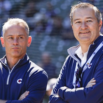 Oct 1, 2022; Chicago, Illinois, USA; Chicago Cubs Chairman Tom Ricketts (R) smiles next to Chicago Cubs President of baseball operations Jed Hoyer (L) before a baseball game between the Chicago Cubs and Cincinnati Reds at Wrigley Field