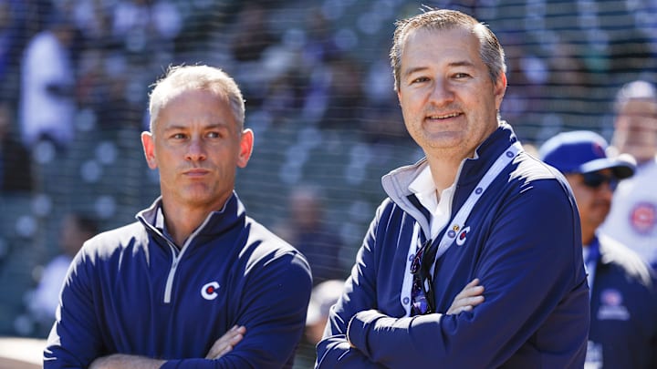 Oct 1, 2022; Chicago, Illinois, USA; Chicago Cubs Chairman Tom Ricketts (R) smiles next to Chicago Cubs President of baseball operations Jed Hoyer (L) before a baseball game between the Chicago Cubs and Cincinnati Reds at Wrigley Field