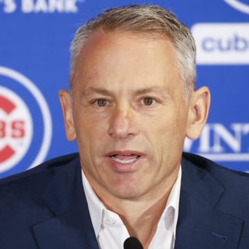 Nov 13, 2023; Chicago, Illinois, USA; Chicago Cubs president of baseball operations Jed Hoyer speaks before introducing Craig Counsell as new Cubs manager during a press conference in Chicago.