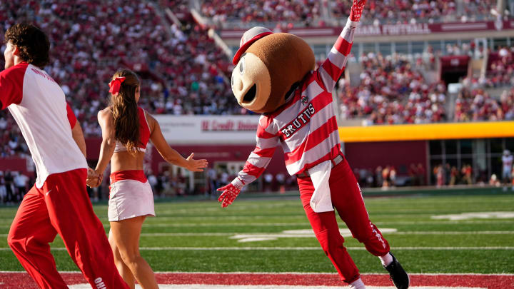 Sep 2, 2023; Bloomington, Indiana, USA; Ohio State Buckeyes mascot Brutus Buckeye celebrates a touchdown during the NCAA football game at Indiana University Memorial Stadium. Ohio State won 23-3.