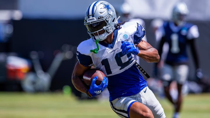 Oxnard, CA, USA; Dallas Cowboys wide receiver Jalen Tolbert (18) runs during training camp at Marriott Residence Inn-River Ridge playing fields. 