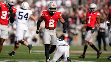 Ohio State Buckeyes defensive back Caleb Downs (2) celebrates during the NCAA football game against the Penn State Nittany Lions at Ohio Stadium in Columbus on Nov. 1, 2025.