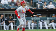 Jun 19, 2025; Chicago, Illinois, USA; St. Louis Cardinals third baseman Nolan Arenado (28) hits a solo home run against the Chicago White Sox during the third inning of game two of a doubleheader at Rate Field. Mandatory Credit: Kamil Krzaczynski-Imagn Images