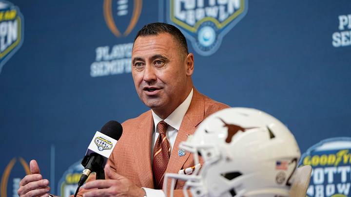 Texas Longhorns head coach Steve Sarkisian speaks during a press conference at AT&T Stadium prior to the College Football Playoff semifinal at the Cotton Bowl Classic in Arlington, Texas on Jan. 9, 2025.