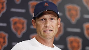 Chicago Bears head coach Ben Johnson addresses the media at Halas Hall before joint training camp practice with the Buffalo Bills ahead of Sunday's preseason game.