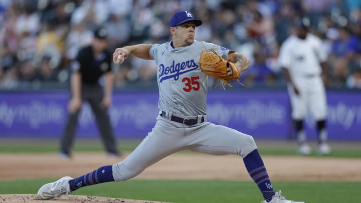 Jun 26, 2024; Chicago, Illinois, USA; Los Angeles Dodgers starting pitcher Gavin Stone (35) delivers a pitch against the Chicago White Sox during the first inning at Guaranteed Rate Field. Mandatory Credit: Kamil Krzaczynski-USA TODAY Sports
