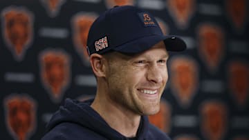 May 9, 2025; Lake Forest, IL, USA; Chicago Bears head coach Ben Johnson (R) speaks during the Rookie Minicamp at Halas Hall. Mandatory Credit: Kamil Krzaczynski-Imagn Images