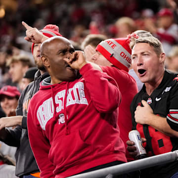 Fans react after Ohio State Buckeyes wide receiver Jeremiah Smith (4) makes a one-handed catch in front of UCLA Bruins defensive back Andre Jordan Jr. (2) during the NCAA football game at Ohio Stadium in Columbus on Nov. 15, 2025.