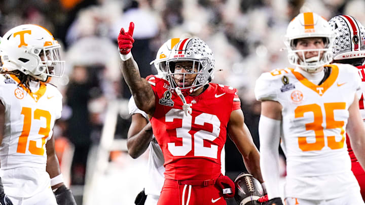 Ohio State running back TreVeyon Henderson (32) celebrates in the first half at Ohio Stadium on Saturday, Dec. 21, 2024 in Columbus, Ohio.