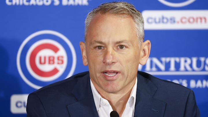 Nov 13, 2023; Chicago, Illinois, USA; Chicago Cubs president of baseball operations Jed Hoyer speaks before introducing Craig Counsell as new Cubs manager during a press conference in Chicago.