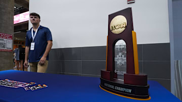 The NCAA national championship volleyball trophy was on display during the Louisville versus Wisconsin volleyball match at the AVCA First Serve Showcase at the KFC Yum! Center in Louisville, Ky. on Aug. 27, 2024