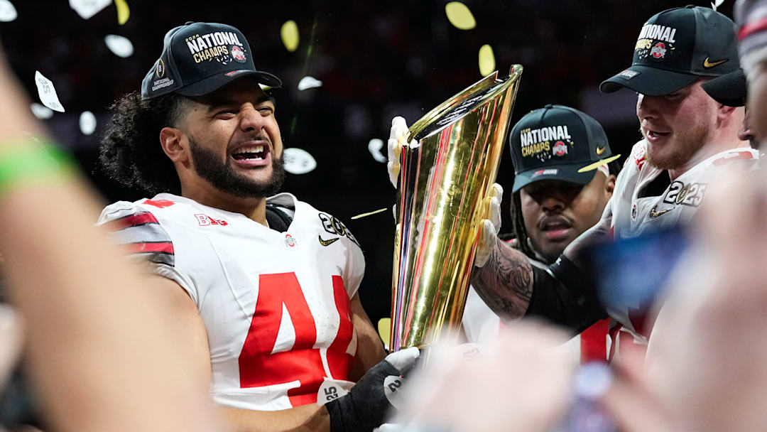 WASHINGTON COMMANDERS: Ohio State Buckeyes defensive end JT Tuimoloau (44) celebrates after defeating Notre Dame Fighting Irish in the College Football Playoff championship game at Mercedes-Benz Stadium in Atlanta on Jan. 21, 2025.