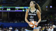 Sep 11, 2025; Chicago, Illinois, USA; Chicago Sky forward Maddy Westbeld (21) looks to pass the ball against the New York Liberty during the second half at Wintrust Arena. Mandatory Credit: Kamil Krzaczynski-Imagn Images