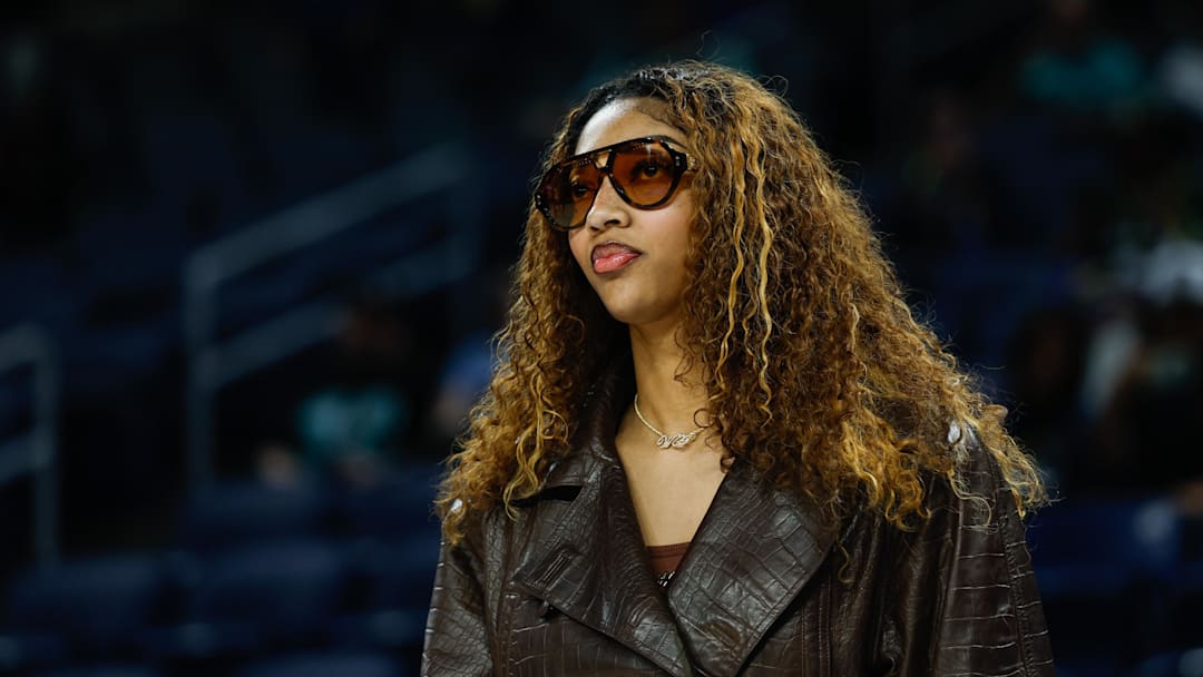 Sep 11, 2025; Chicago, Illinois, USA; Injured Chicago Sky forward Angel Reese (5) stands on the sidelines before a WNBA game against the New York Liberty at Wintrust Arena. Mandatory Credit: Kamil Krzaczynski-Imagn Images