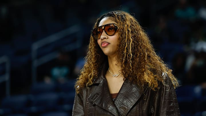 Sep 11, 2025; Chicago, Illinois, USA; Injured Chicago Sky forward Angel Reese (5) stands on the sidelines before a WNBA game against the New York Liberty at Wintrust Arena. Mandatory Credit: Kamil Krzaczynski-Imagn Images