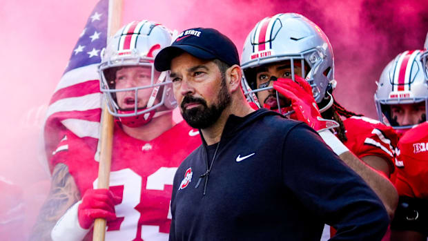 Ohio State Buckeyes head coach Ryan Day waits to take the field before the game against the Purdue Boilermakers at Ohio Stadi