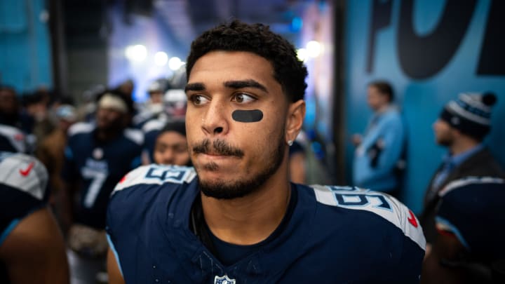 Tennessee Titans linebacker Rashad Weaver (99) prepares to head to the field before a game against the Carolina Panthers at Nissan Stadium in Nashville, Tenn., Sunday, Nov. 26, 2023.