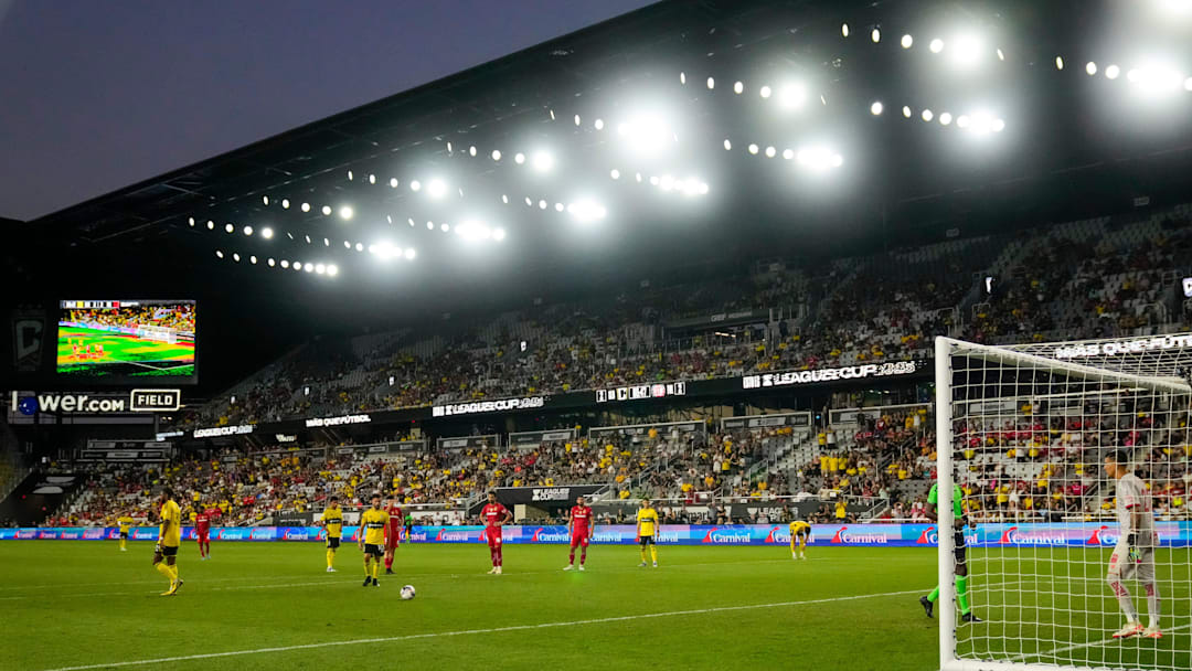 Columbus Crew forward Diego Rossi (10) lines up a penalty kick in front of Toluca FC goalkeeper Luis Garcia (22) during the Leagues Cup match at Lower.com Field in Columbus on July 30, 2025. The crew lost 4-2 in penalty kicks after a 2-2 draw in regulation.