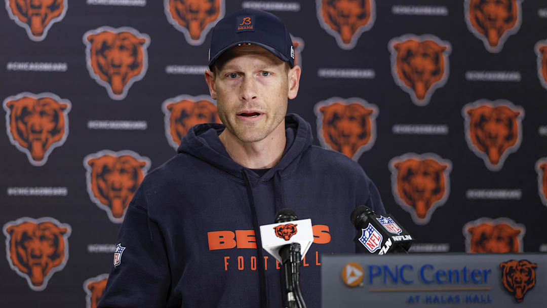 May 9, 2025; Lake Forest, IL, USA; Chicago Bears head coach Ben Johnson (R) speaks during the Rookie Minicamp at Halas Hall. Mandatory Credit: Kamil Krzaczynski-Imagn Images