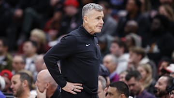 Nov 20, 2023; Chicago, Illinois, USA; Chicago Bulls head coach Billy Donovan reacts during the first half of a basketball game against the Miami Heat at United Center. Mandatory Credit: Kamil Krzaczynski-Imagn Images