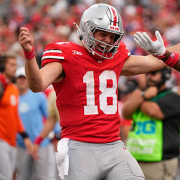 Aug 31, 2024; Columbus, OH, USA; Ohio State Buckeyes quarterback Will Howard (18) celebrates a touchdown run by running back Quinshon Judkins (1) during the second half of the NCAA football game against the Akron Zips at Ohio Stadium. Ohio State won 52-6.