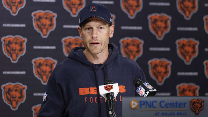 May 9, 2025; Lake Forest, IL, USA; Chicago Bears head coach Ben Johnson (R) speaks during the Rookie Minicamp at Halas Hall. Mandatory Credit: Kamil Krzaczynski-Imagn Images