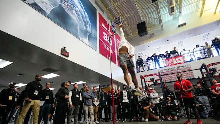 Ohio State Buckeyes wide receiver Emeka Egbuka shows off his vertical jump in front of scouts at OSU's pro day on Wednesday. Ohio State Buckeyes wide receiver Emeka Egbuka shows off his vertical jump in front of scouts at OSU's pro day on Wednesday.