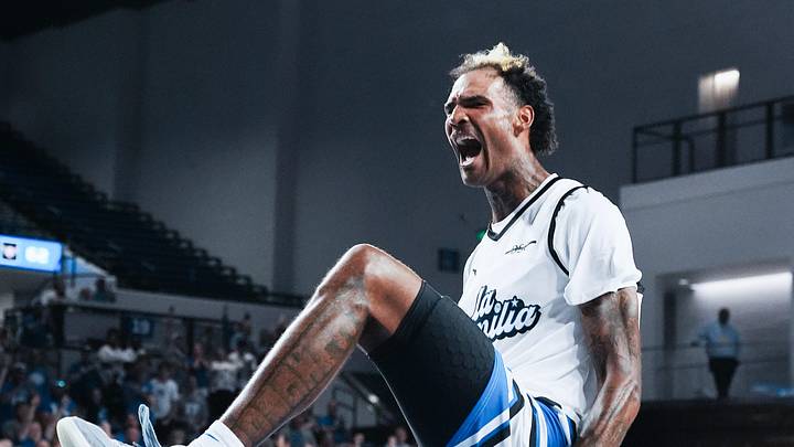 La Familia's Willie Cauley-Stein (2) reacts after dunking against War Ready during the second round of the TBT tournament at the Memorial Coliseum in Lexington, Ky. on July 20, 2025.