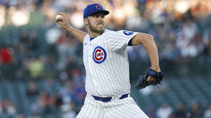 Sep 2, 2024; Chicago, Illinois, USA; Chicago Cubs starting pitcher Jameson Taillon (50) delivers a pitch against the Pittsburgh Pirates during the first inning at Wrigley Field. Mandatory Credit: Kamil Krzaczynski-Imagn Images