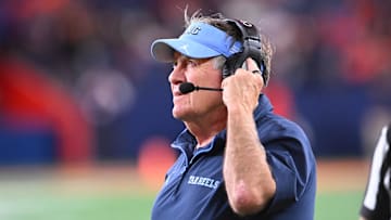 Oct 31, 2025; Syracuse, New York, USA; North Carolina Tar Heels head coach Bill Belichick looks to the clock in the fourth quarter game against the Syracuse Orange at the JMA Wireless Dome. Mandatory Credit: Mark Konezny-Imagn Images