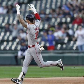 Jun 6, 2024; Chicago, Illinois, USA; Boston Red Sox outfielder Jarren Duran (16) rounds the bases after hitting a solo home run against the Chicago White Sox during the first inning at Guaranteed Rate Field.
